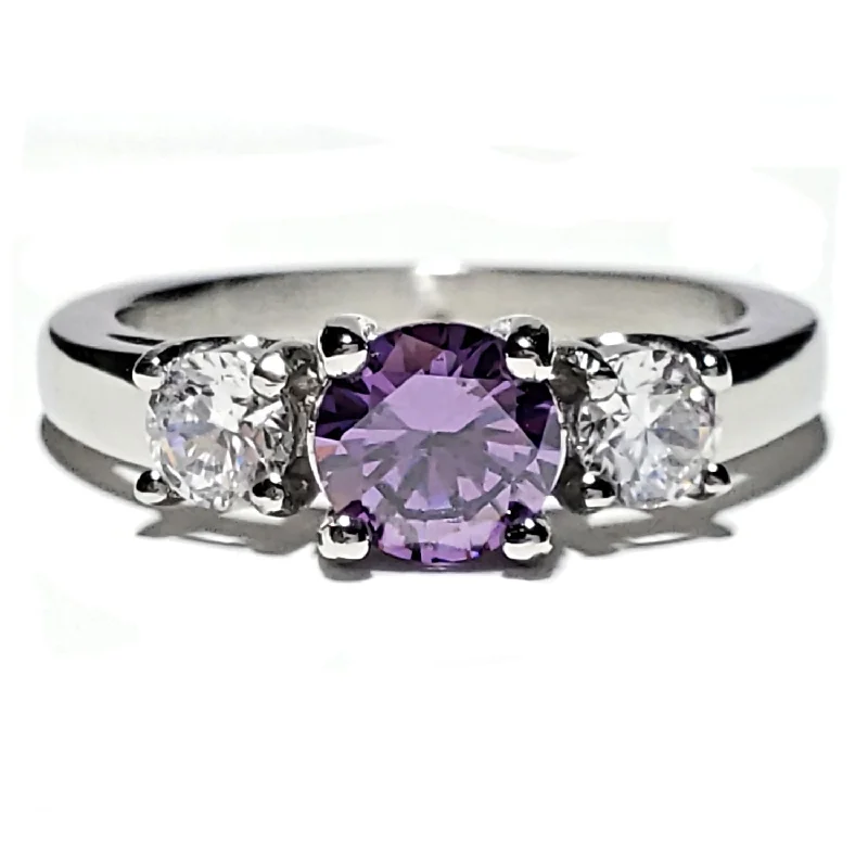 Orlaina: 1.25c 3 Stone Amethyst Ice CZ 316 Steel Engagement Ring