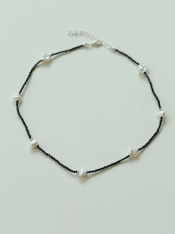 Small Petal Baroque Pearl and Black Spinel Beaded Necklace