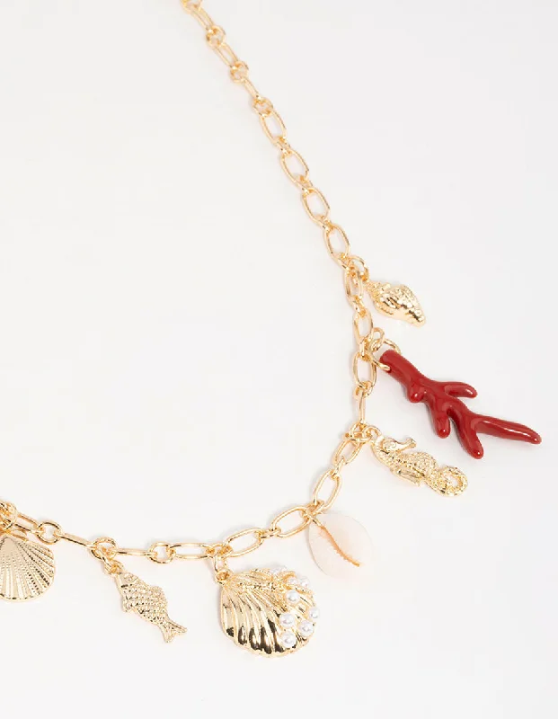 Gold Shell & Fish Charm Necklace