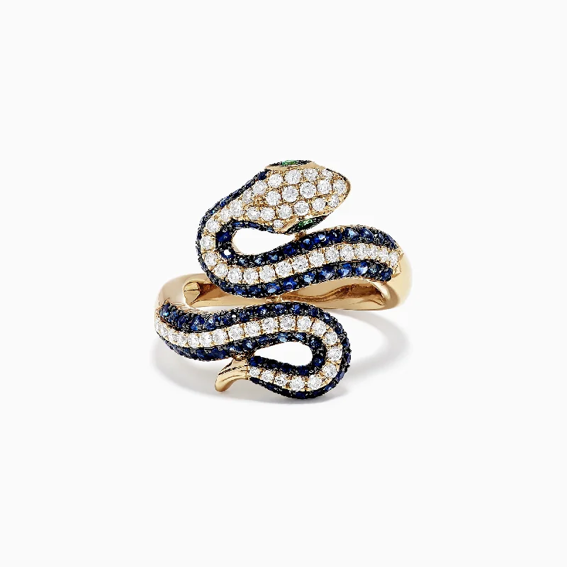 Safari 14K Yellow Gold Blue Sapphire and Diamond Snake Ring, 1.49 TW