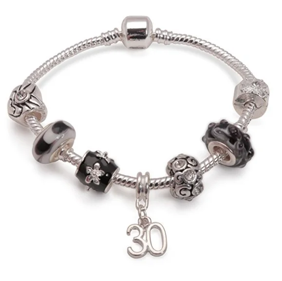 Age 30 'Black Magic' Silver Plated Charm Bead Bracelet