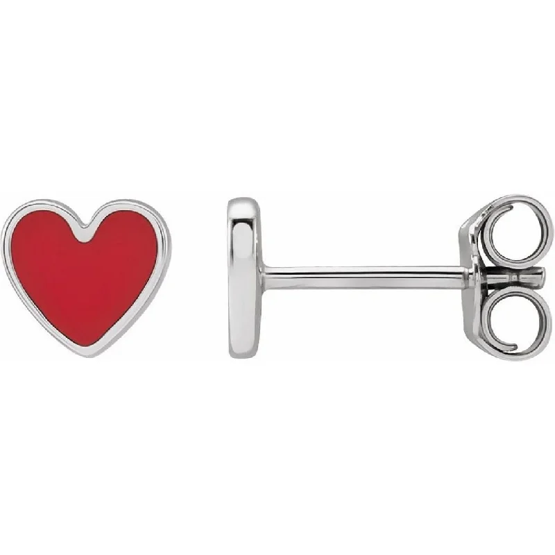 Curata 14k White Gold Polished Red Enameled Heart Stud Earrings - 5.88x5.48mm