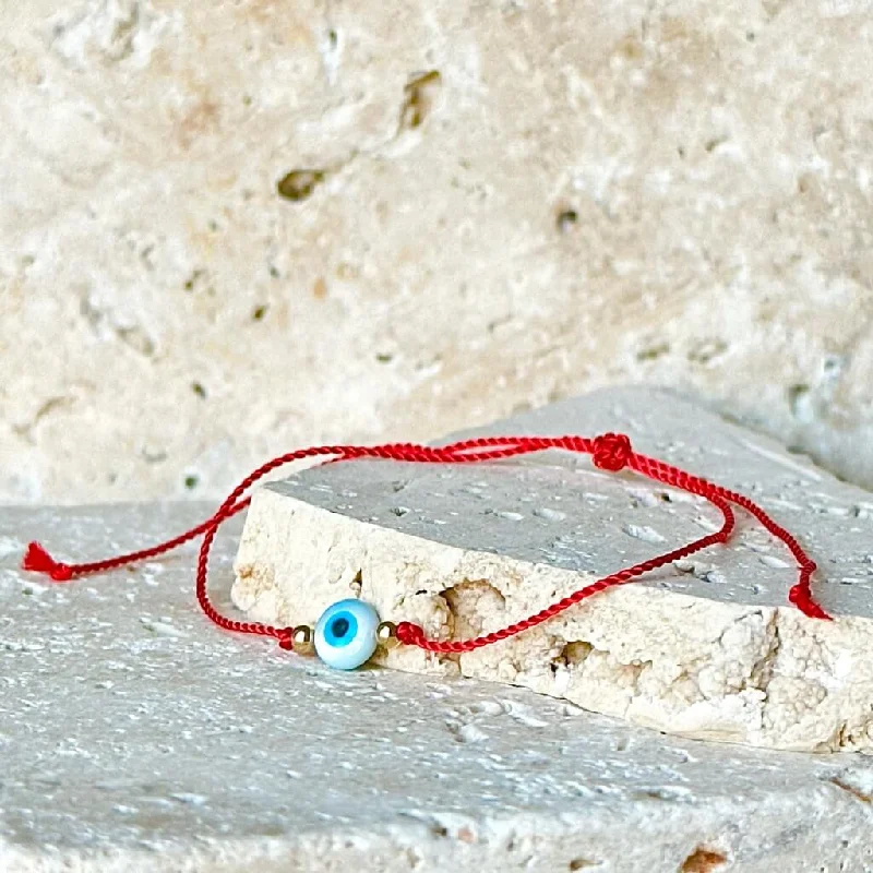 Mother of Pearl Evil Eye Red Cord 14k Solid Gold Beads Bracelet - Protective Elegance