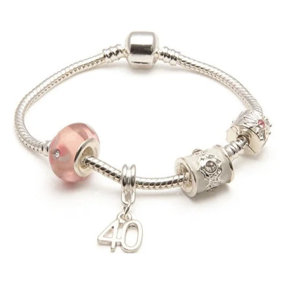 Age 40 'Pink Parfait' Silver Sparkle Charm Bead Bracelet