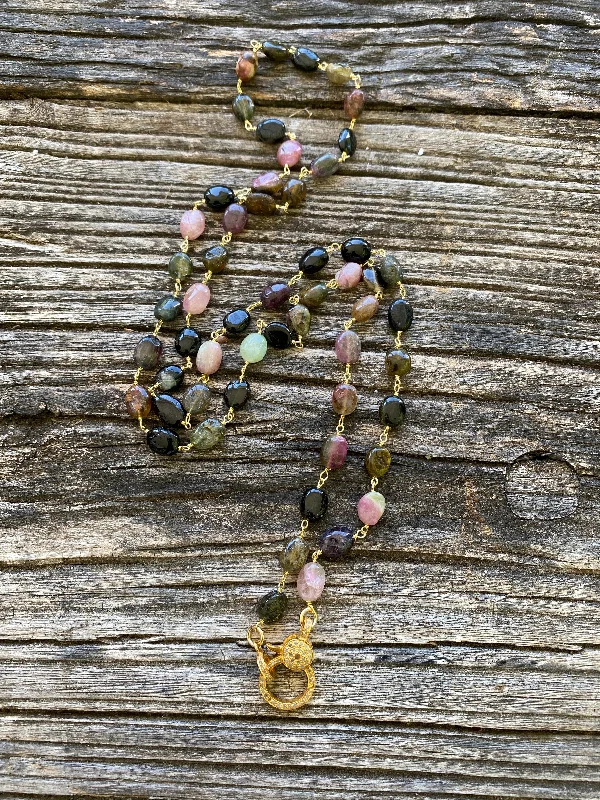 Watermelon Tourmaline Beaded Necklace with Pave Diamond Clasp