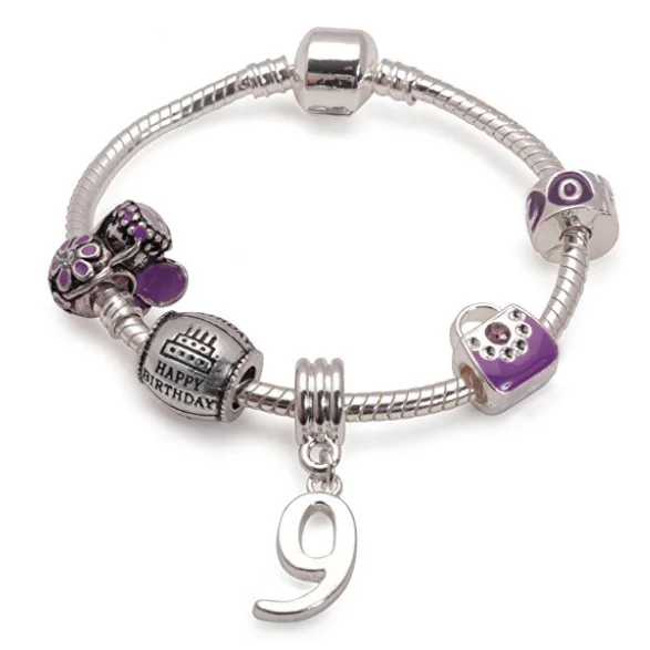 Children's Purple 'Happy 9th Birthday' Silver Plated Charm Bead Bracelet