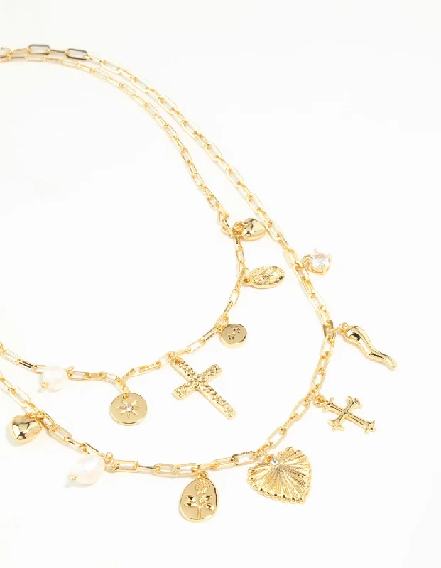 Gold Plated Freshwater Pearl, Cross & Heart Charm Necklace