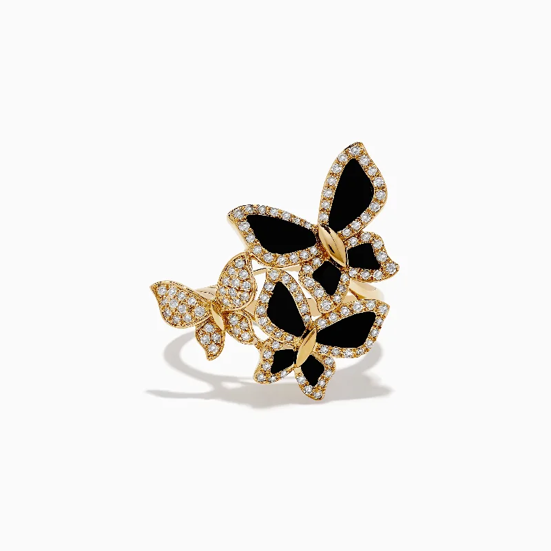 Nature 14K Yellow Gold Onyx and Diamond Multi Butterfly Ring