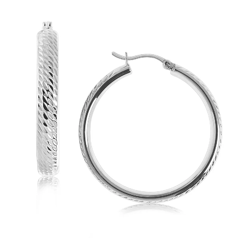 Sterling Silver Hoop Marquise Motif Diamond Cut Earrings (30mm)