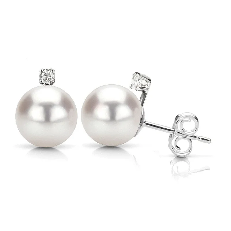 DaVonna Sterling Silver with .06tcw Diamond Round White Freshwater High Luster Pearl Stud Earrings