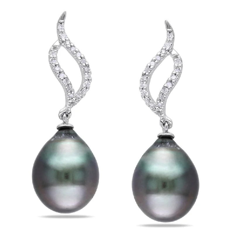 Miadora 10k White Gold Tahitian Black Pearl and 1/10ct TDW Diamond Earrings (H-I, I2-I3)