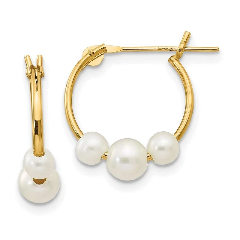 Curata 14k Yellow Gold Freshwater Triple Pearl Hoop Earrings (3-4mm) - White