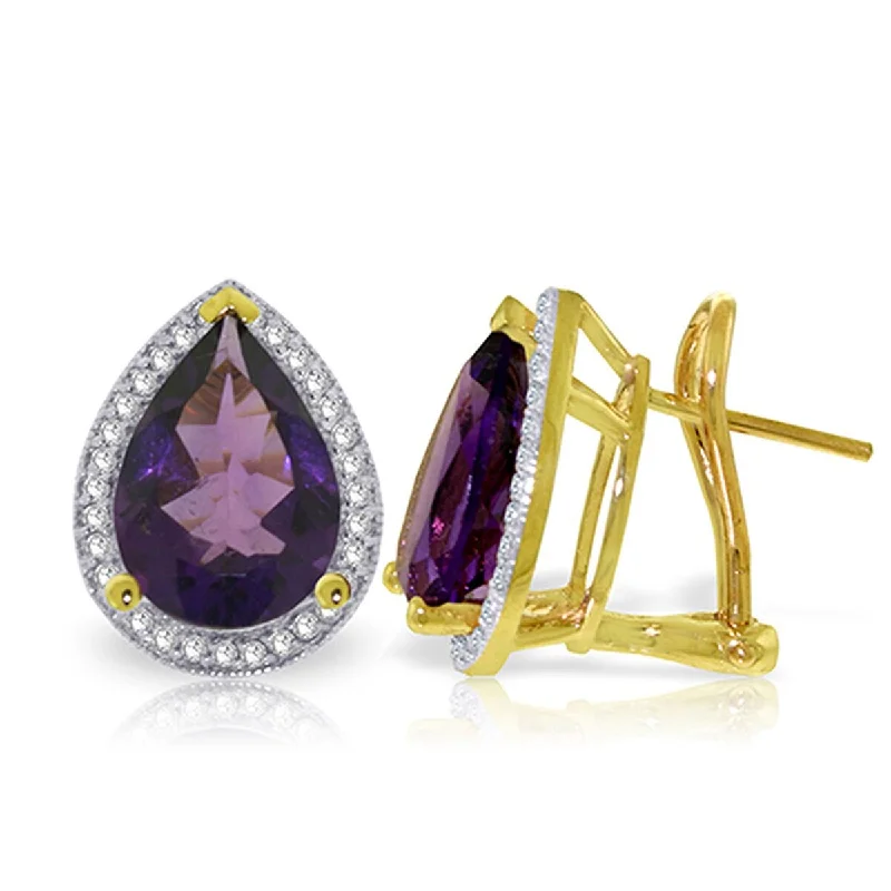 6.82 Carat 14K Solid Gold French Clips Earrings Diamond Amethyst