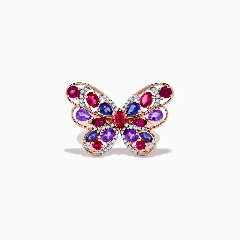 Nature 14K Rose Gold Multi Gemstone and Diamond Butterfly Ring