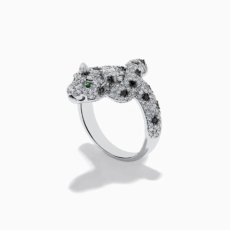 14K White Gold Emerald, White and Black Diamond Panther Ring