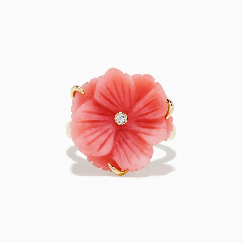 Nature 14K Yellow Gold Pink Opal and Diamond Flower Ring