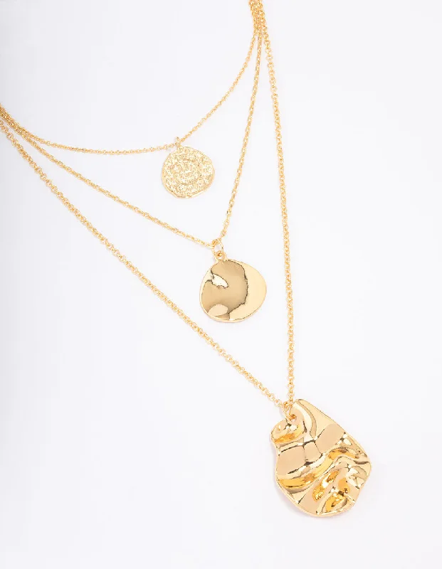 Gold Plated Trio Layered Molten Disc Necklace