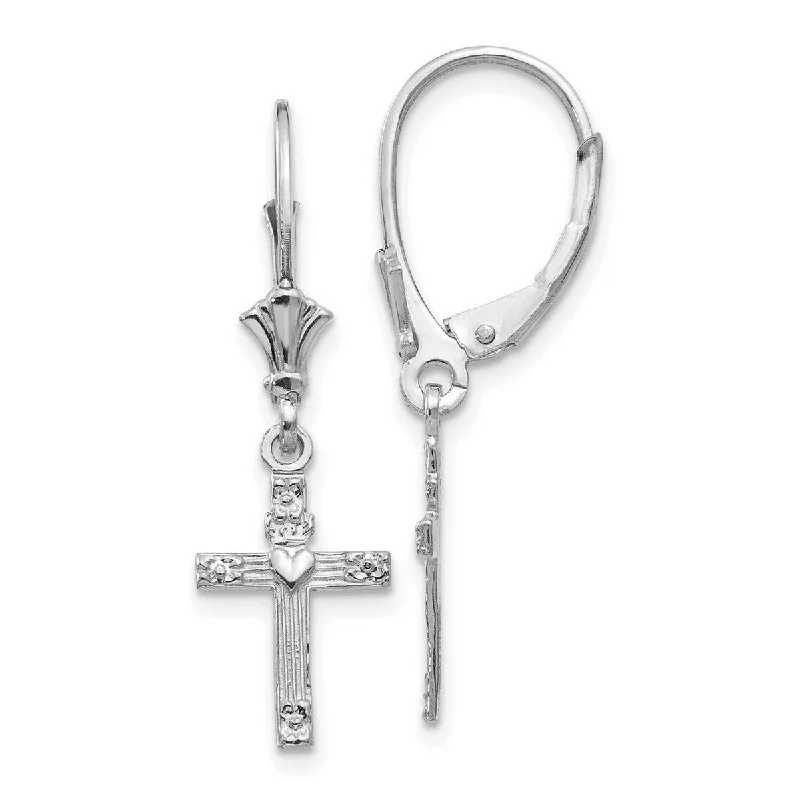 Curata 14k White Gold Mini Cross With Love Heart Leverback Earrings - 31x9mm