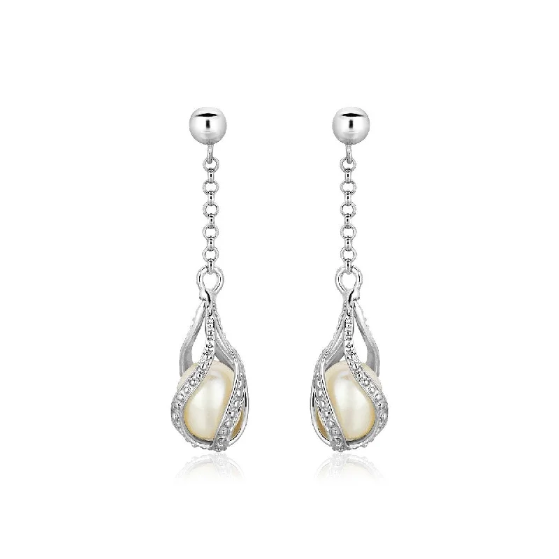 Sterling Silver Twisted Cage Style Earrings with Freshwater Pearls