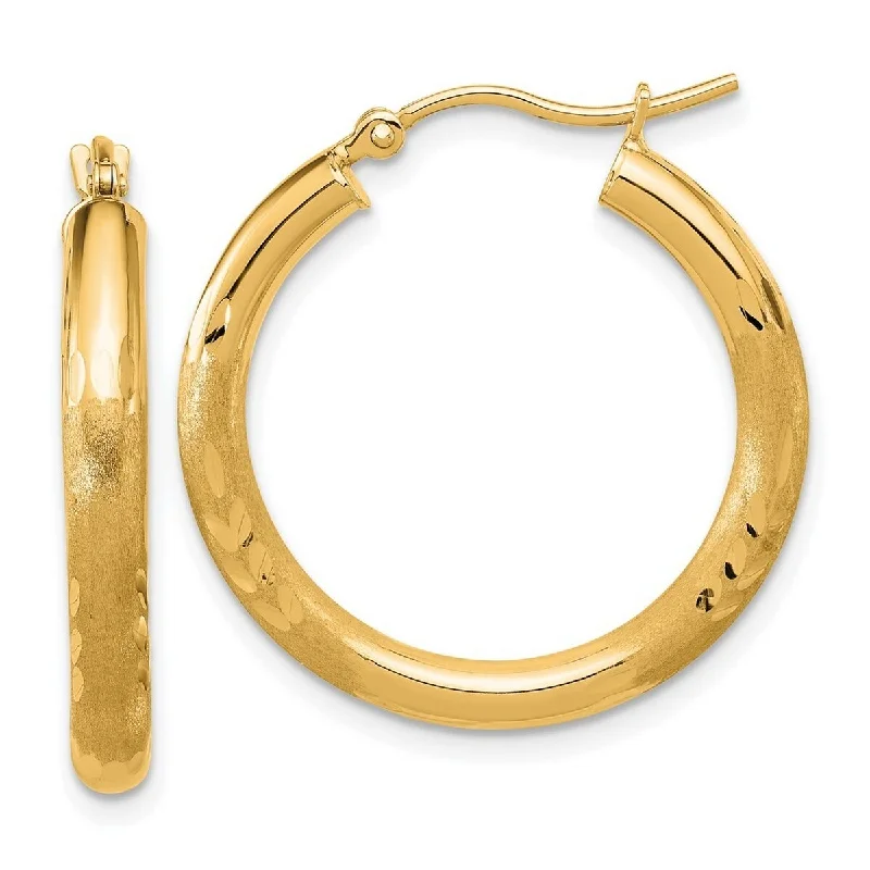 Curata 14k Yellow Gold Satin and Sparkle Cut Round Hoop Earrings - 25x25mm