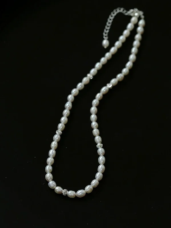 Minimalist Rice Freshwater Pearl Silver Bean Necklace-Rice Pearl