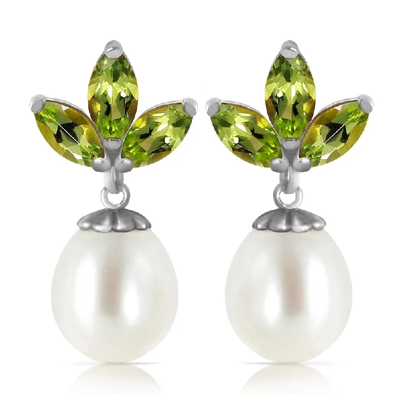 9.5 Carat 14K Solid White Gold Dangling Earrings pearl Peridot