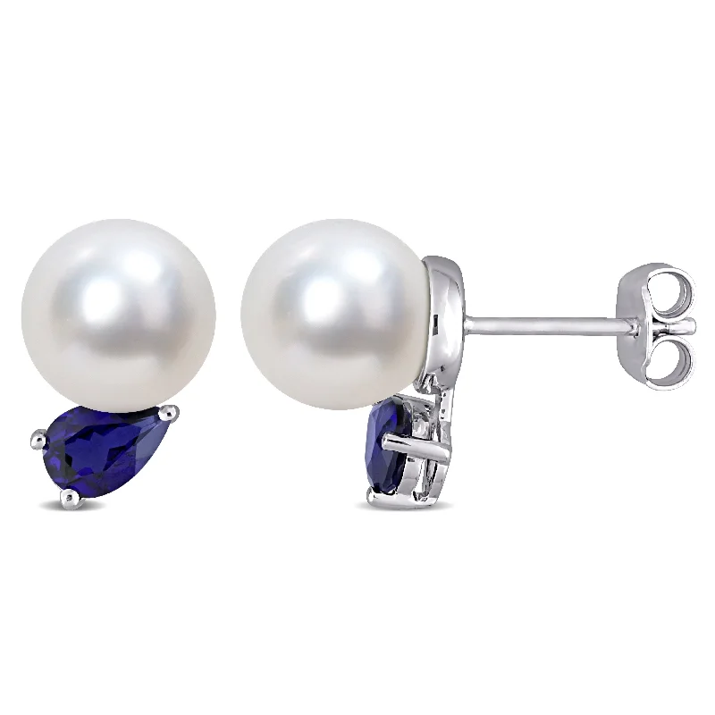 Miadora 8-9mm South Sea Cultured Pearl and 1 1/3 CT TGW Created Blue Sapphire Stud Earrings in Sterling Silver