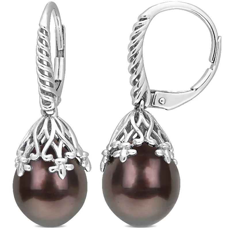 Miadora Black Tahitian Cultured Pearl Leverback Earrings in 14k White Gold (9-10mm)