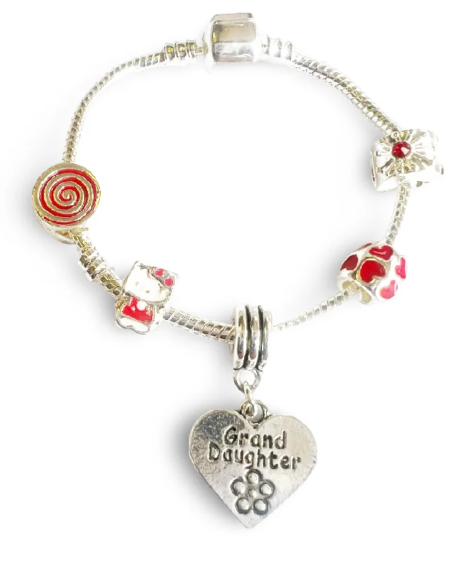 Children's Granddaughter 'Red Kitty Cat' Silver Plated Charm Bead Bracelet