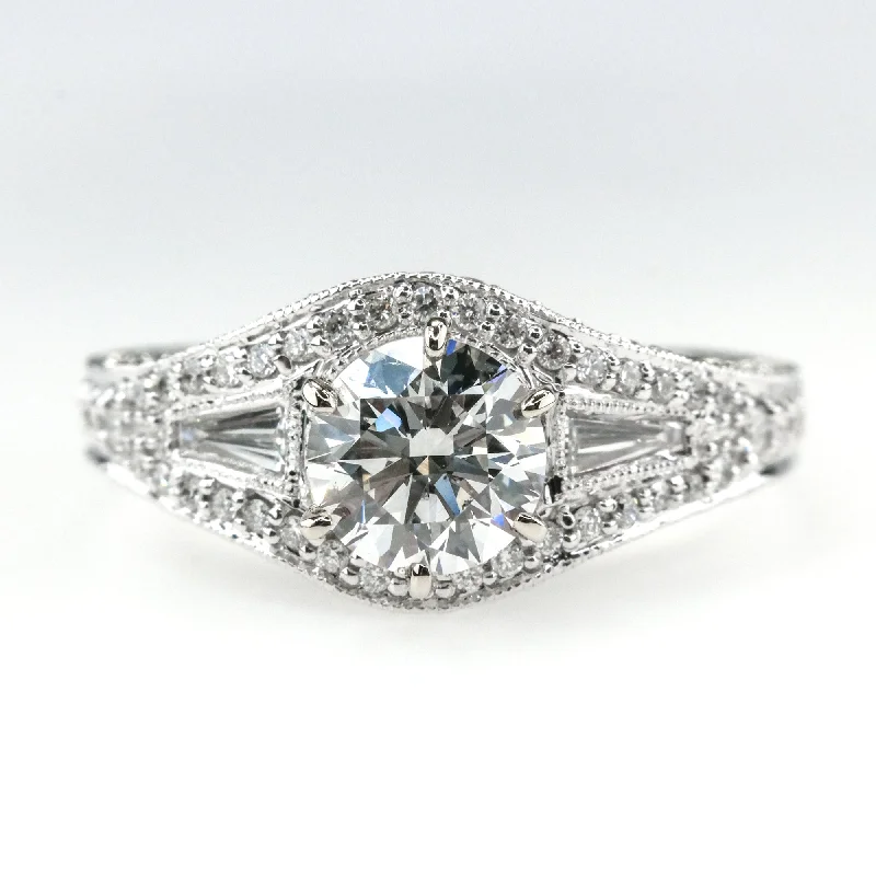 GIA 1.02ct SI2/F Round Diamond & Accents Engagement Ring in 18K White Gold