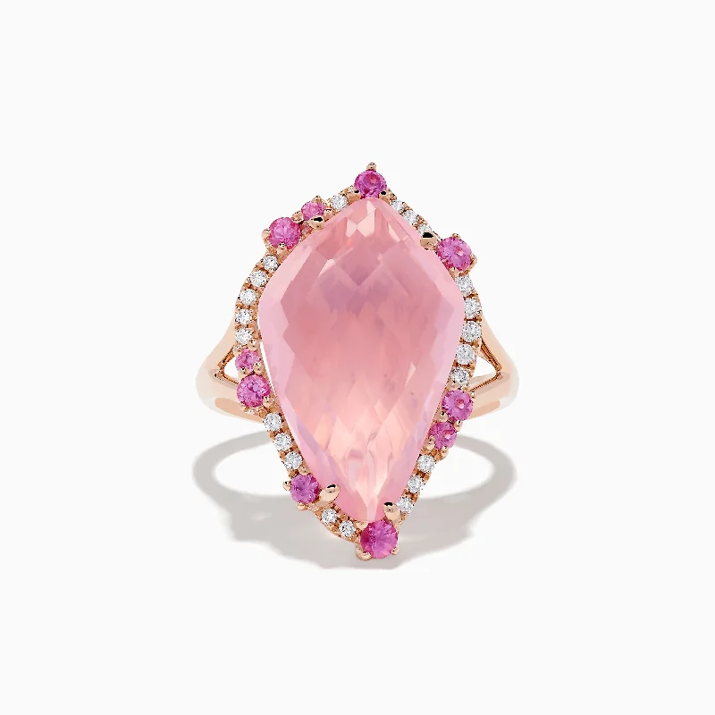 14K Rose Gold Rose Quartz Pink Sapphire and Diamond Ring