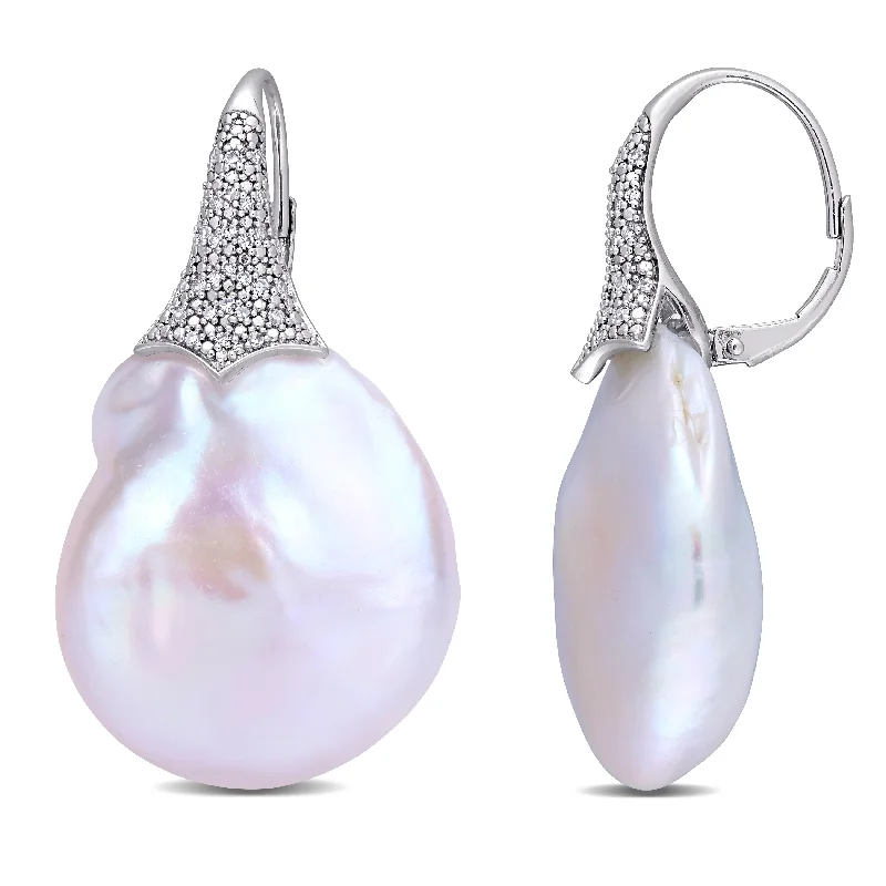 Miadora 14k White Gold FW Cultured Pearl & 1/4ct TDW Diamond Leverback Earrings (20-20.5mm) - 42mm x 23.2mm x 14mm