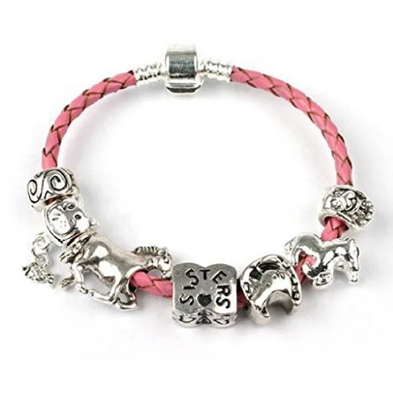 Children's Sisters 'Horse Lovers' Charm Pink Leather Bracelet