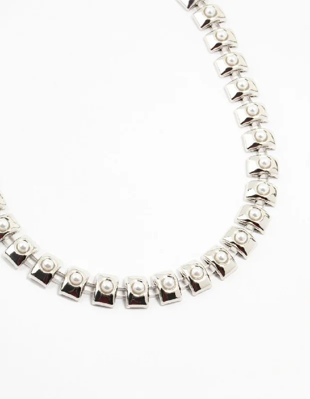 Large Silver Pearl Chain Short Necklace