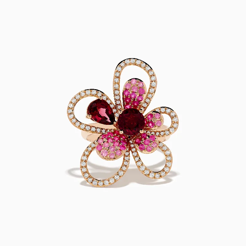 Nature 14K Rose Gold Pink Sapphire Rhodolite and Diamond Ring