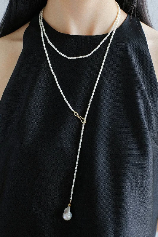 Long Baroque Pearl Pendant Necklace with Rice Pearls