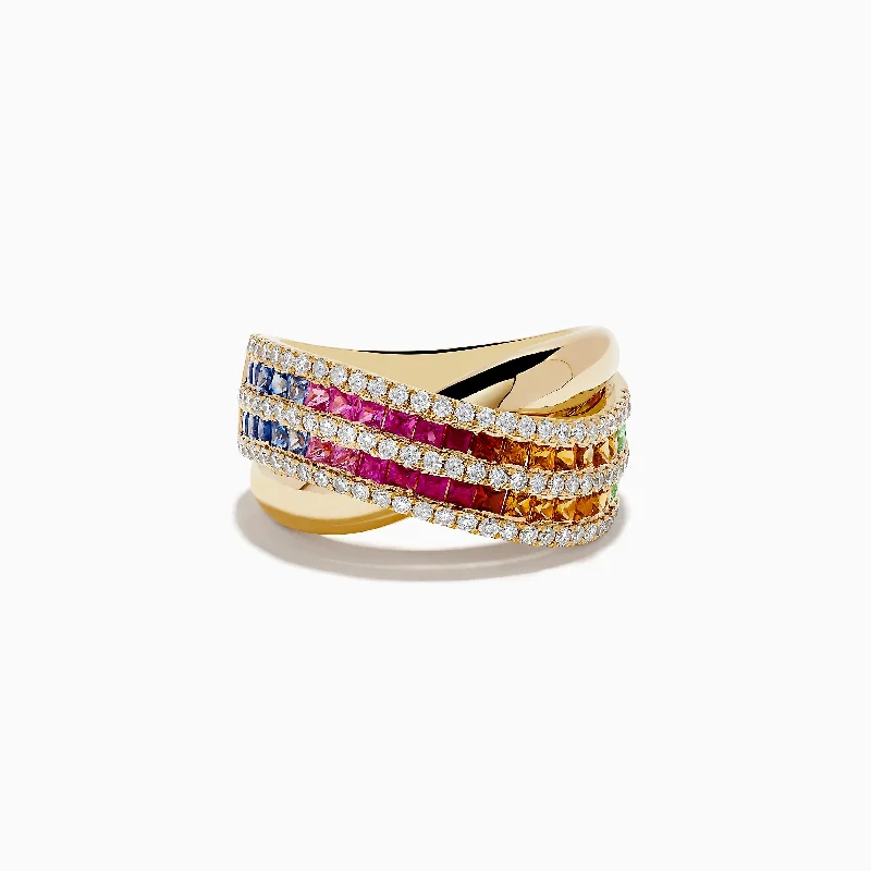 Watercolors 14K Gold Multi Sapphire and Diamond Crossover ring