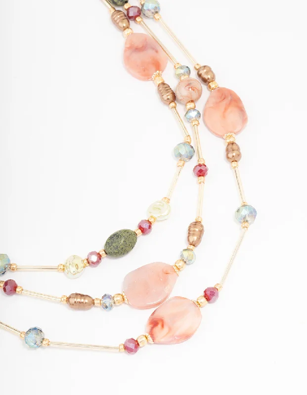 Gold Beaded Mixed Stone Layered Necklace