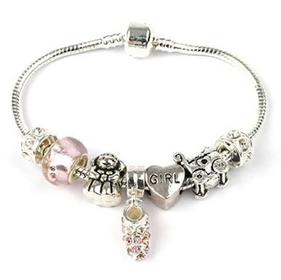 New Baby 'It's A Girl' Silver Plated Charm Bead Bracelet