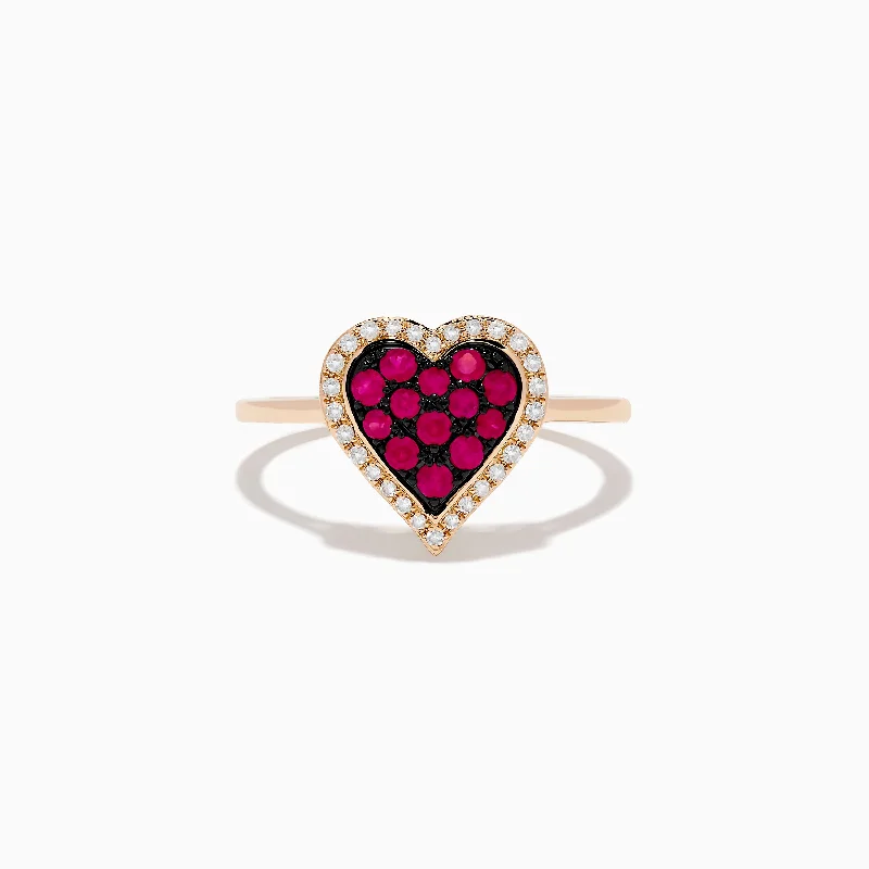 Novelty 14K Rose Gold Ruby and Diamond Heart Ring