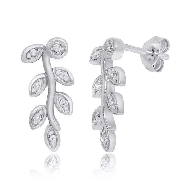 1/20 Carat CZ Stud Earrings Tree Leaf Sterling Silver Platinum Finish