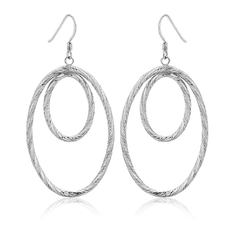 Sterling Silver Textured Dual Open Oval Drop Style Earrings