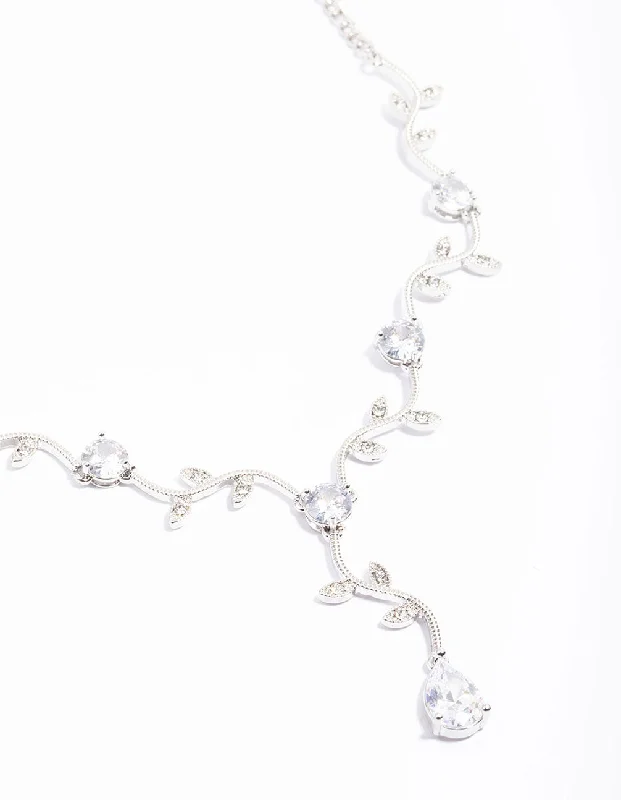 Silver Cubic Zirconia Floral Teardrop Y-Shape Necklace