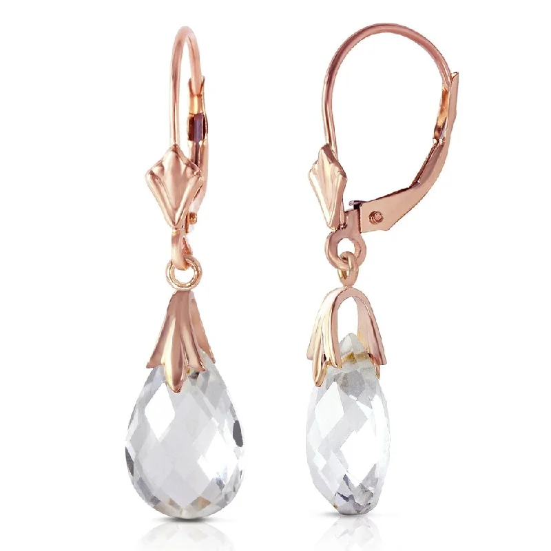 14K Solid Rose Gold Leverback Earrings with White Topaz