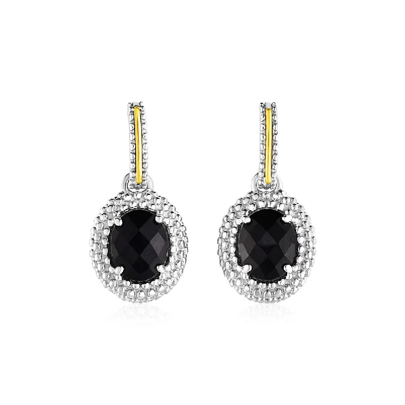 Oval Onyx Earrings in 18k Yellow Gold & Sterling Silver