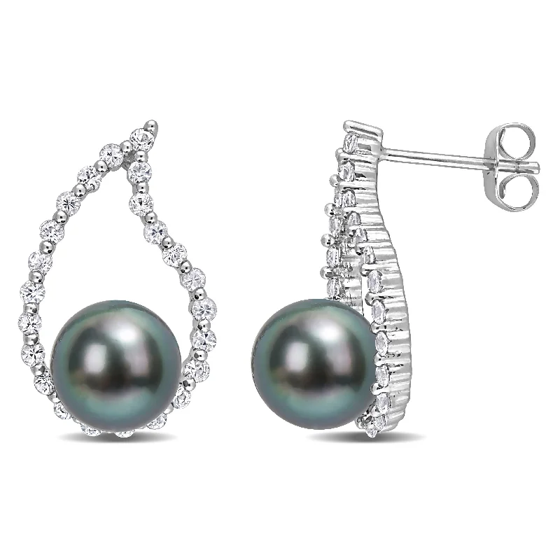 Miadora Black Tahitian Cultured Pearl & White Sapphire Teardrop Earrings in 10k White Gold (8-8.5mm)