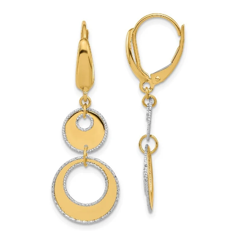 Curata 14k Two Tone Gold Polished and Diamond cut Circles Dangle Leverback Earrings -