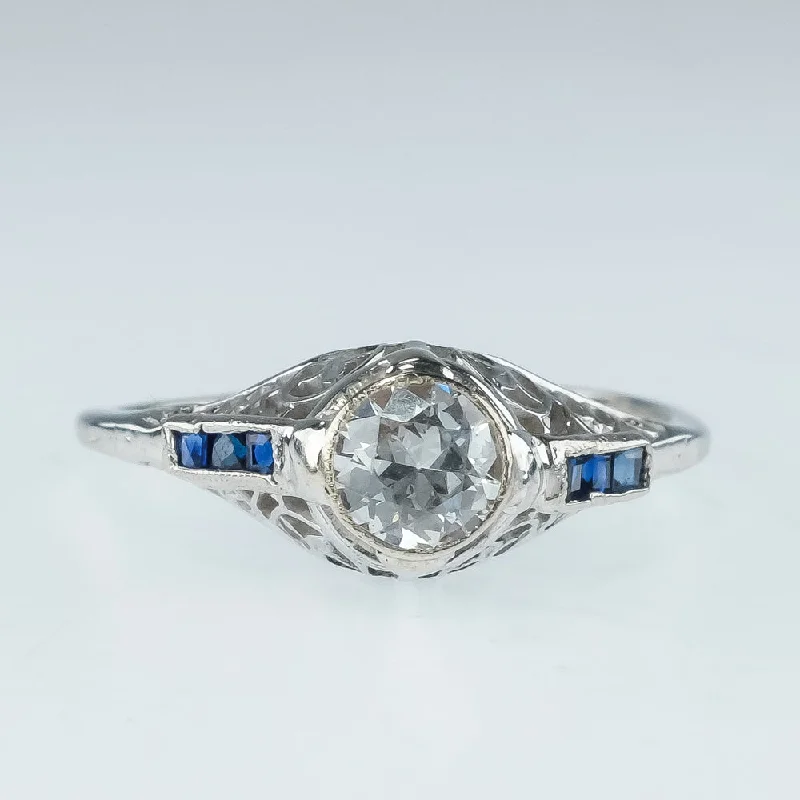 950 Platinum 0.50ct Diamond Solitaire with Blue Sapphire Accents Ring Size 9