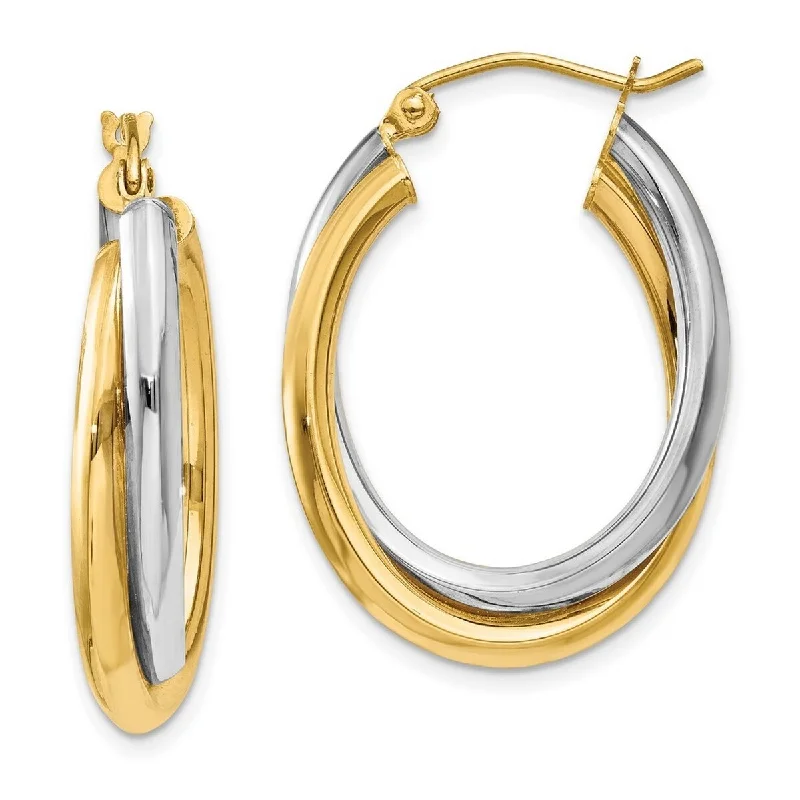 Curata 14k Two Tone Gold Polished Hollow Hinged Post Double Oval Hoop Earrings - 16x6mm