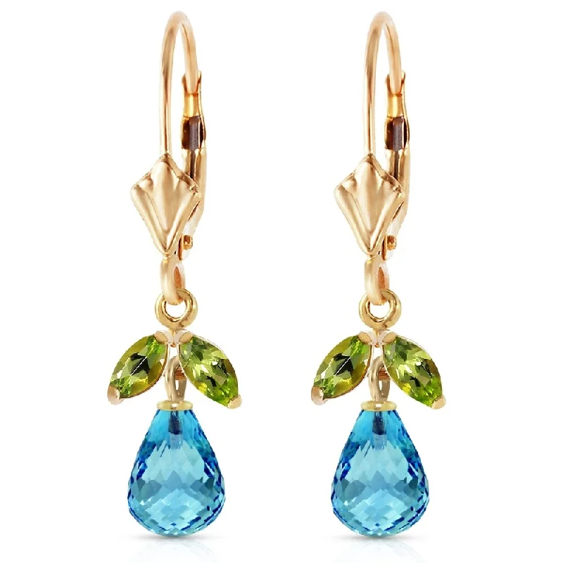 3.4 Carat 14K Solid Gold Leverback Earrings Blue Topaz Peridot